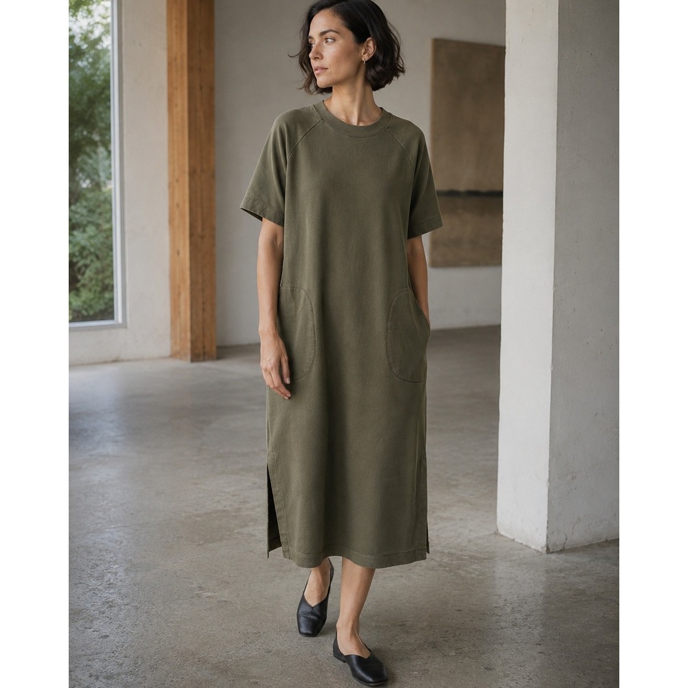 Kowtow Building Block Sweater Dress Organic Cotton Army Green Pockets Large